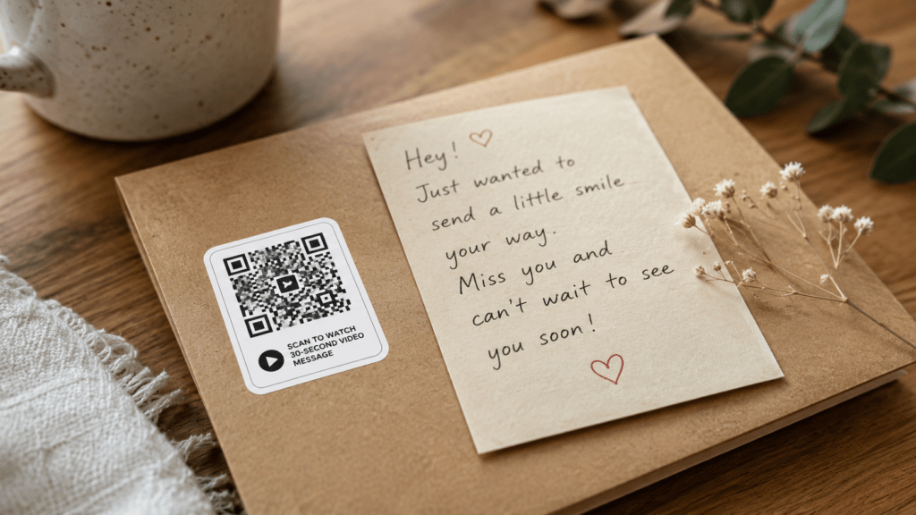 Add a small QR code sticker linking to a 30-second video message alongside a short handwritten note. This bridges the gap when you can't celebrate in person and costs about $0.10 per code through a free QR generator.