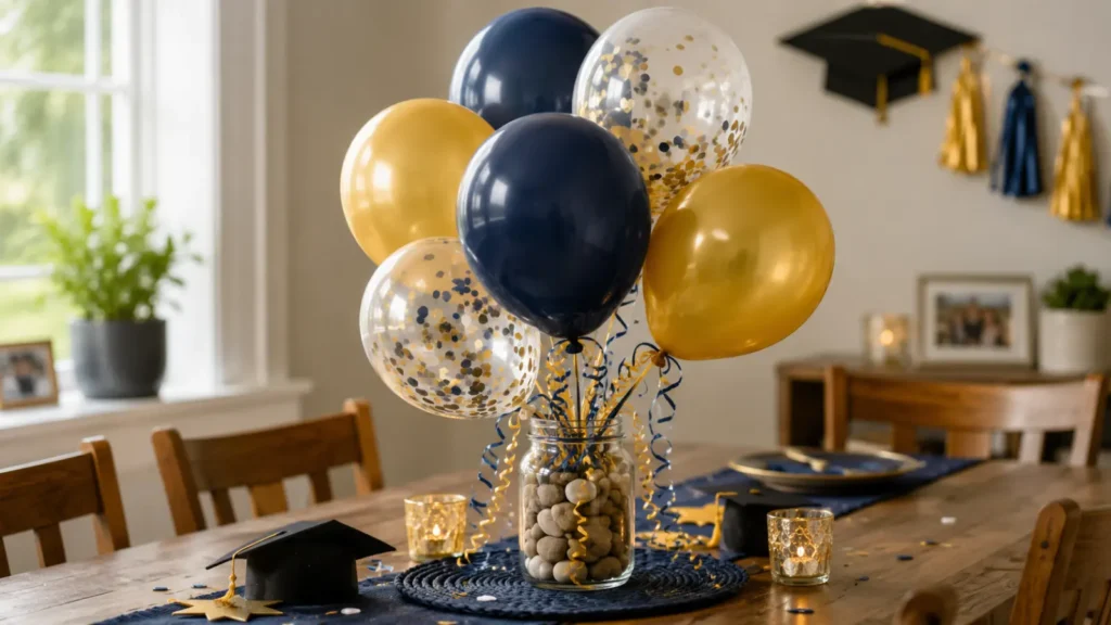 Five to seven balloons in the graduate's school colors, gathered with curling ribbon and weighted with a small stone-filled jar, cost about $8 per cluster if you use a hand pump instead of helium. This is one of the fastest graduation centerpiece ideas for last-minute planning.