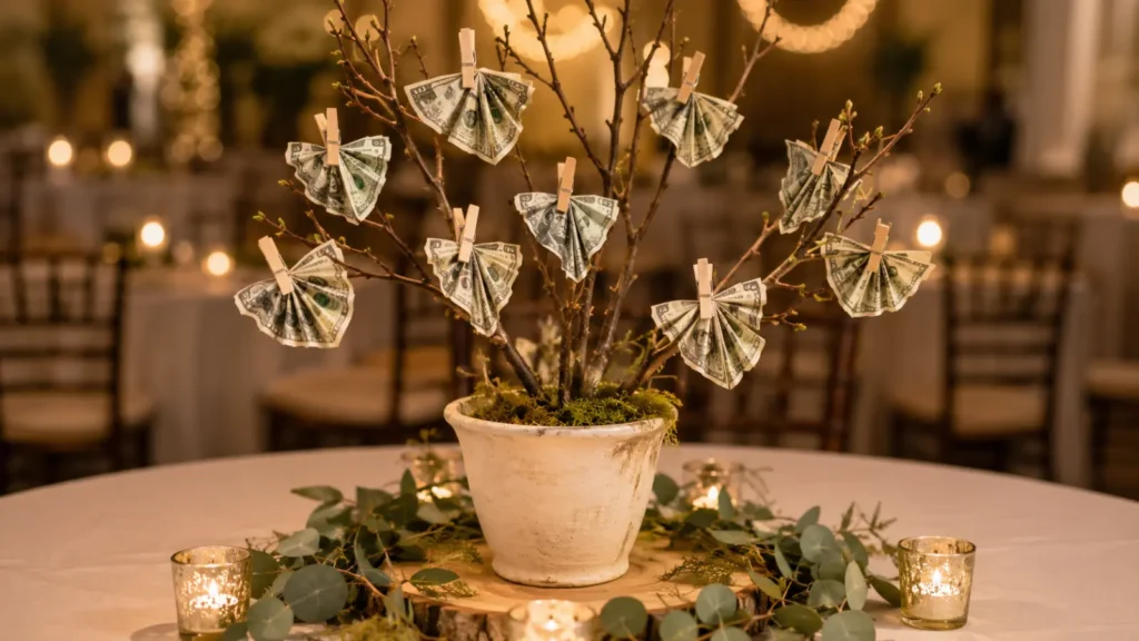 For families who know cash gifts are coming anyway, a small potted branch with paper money folded into origami shapes clipped on works as both décor and a gentle gift hint. Budget about $15 per table plus whatever cash you choose to attach.