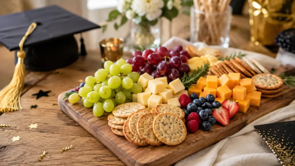 A small grazing board — grapes, cheese cubes, crackers, and a few berries arranged on a wooden board — doubles as food and décor for a cocktail-style graduation party. Budget $20–$25 per board, and place one per 6–8 guests rather than per table.