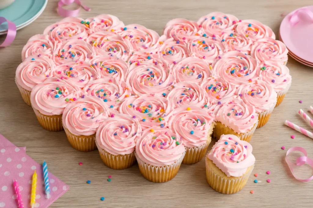Arrange 24 cupcakes (about $1 each if homemade, $2–$2.50 store-bought) into a heart, number, or star shape, then frost the top so it reads as one giant cake. Guests pull individual cupcakes apart to serve themselves, which eliminates the need for a knife or server. It's a favorite among easy birthday dessert ideas because there's no complicated cake-cutting logistics.