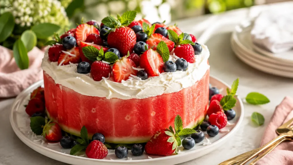 Carve a whole watermelon into a round tier, frost it with whipped coconut cream, and decorate with fresh berries for a naturally sweet, dairy-light alternative that costs around $8 for a 10-pound melon. It's one of the standout healthy birthday dessert ideas and works well in summer.