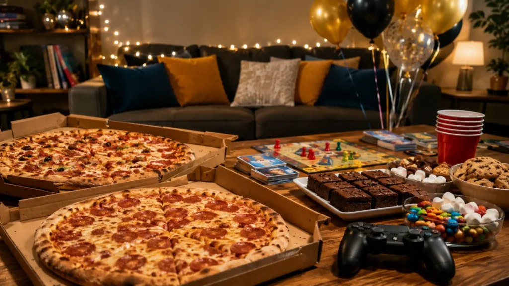 For 17th birthday ideas at home on a tight budget, two large pizzas ($30 total) plus a game console or board game rotation covers 6 guests for under $60. Meanwhile, a $15 dessert bar keeps the whole night under $100.