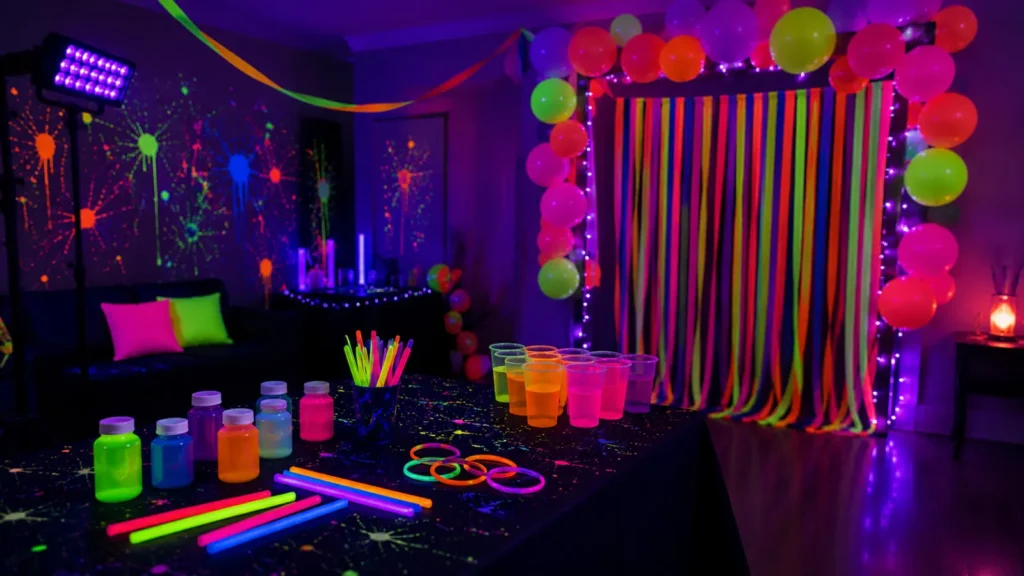 Black lights ($20), glow paint, and a DIY photo booth backdrop ($15 in poster board and streamers) turn any room into an event space for 10–15 guests in under an hour of setup.