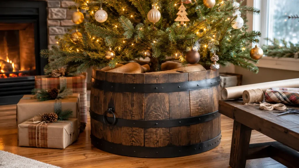 An old whiskey barrel, cut down to 14 inches tall with a circular saw, turns into a rustic diy christmas tree stand that doubles as a gift-wrapping table once the season ends. Line the inside with a 5-gallon bucket for water and stability; expect to spend $25–40 if you're upcycling a barrel you already own.