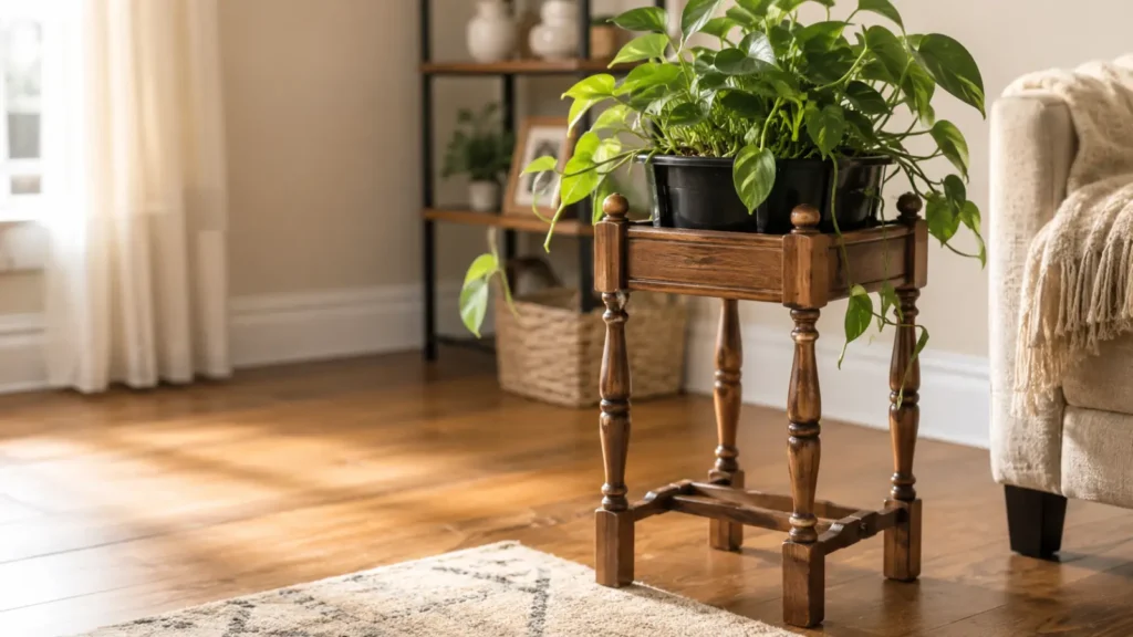 Hollow out the top of a thrifted wooden plant stand, drop in a bucket liner, and you get a stand that already looks finished — no painting or staining needed. Thrift stores typically price these $8–20, cheaper than buying stand-grade lumber.