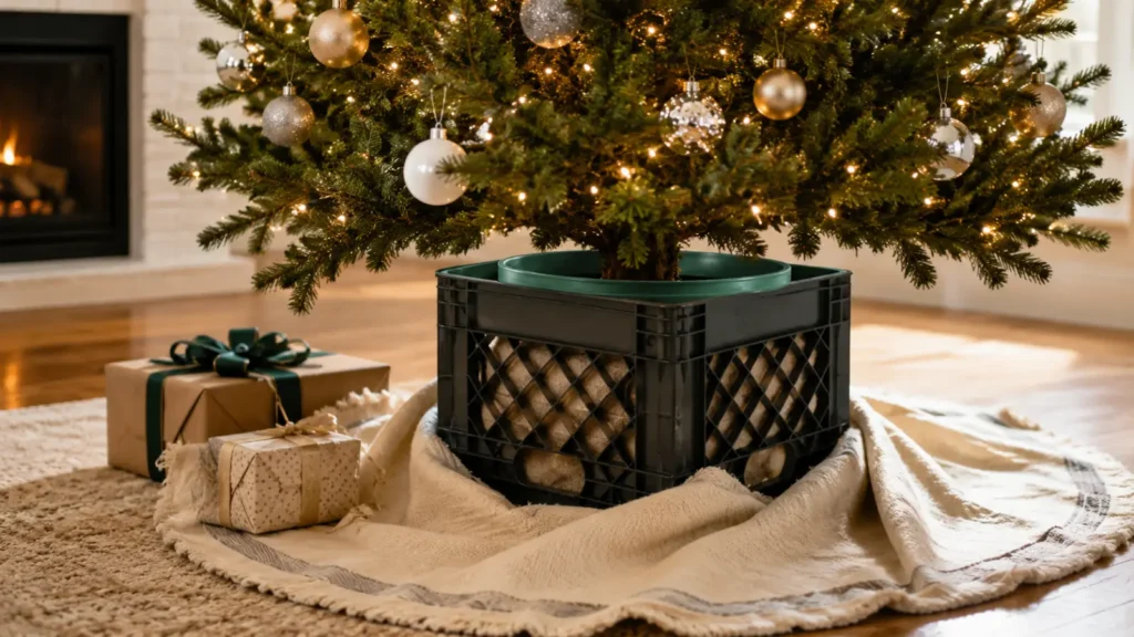 A plastic milk crate, weighted with two bags of sand and topped with a bucket insert for the trunk, makes a nearly free stand if you already have a crate in the garage. It's not pretty on its own, but a fabric tree skirt covers it completely.