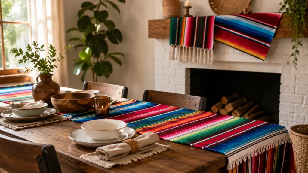 A woven serape blanket ($20–$40) draped over a couch back or used as a table runner adds instant texture and color. The stripes pair surprisingly well with plain white dishware, so you don't need to match every other element. Use one on a 6-foot table and you'll have fabric left over for a mantel scarf too.