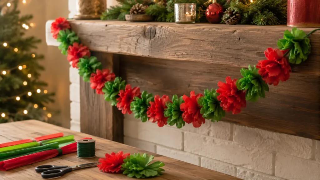 Crepe paper flowers in red and green, strung into a garland, cost about $8 in materials for a 6-foot strand. This project takes roughly 90 minutes but requires no special tools beyond scissors and floral wire. It's an ideal low-mobility, seated craft project for grandparents or young kids to join in on.