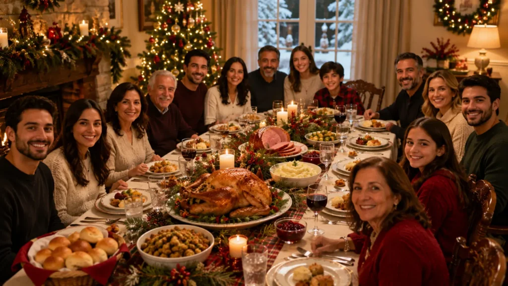 The classic Christmas dinner catering menu — turkey, ham, stuffing, mashed potatoes, gravy, and cranberry sauce — remains the most-ordered package nationwide. A 20-pound turkey typically feeds 12–14 people with leftovers. Ask your caterer for a half-turkey, half-ham split if your family is torn between the two.