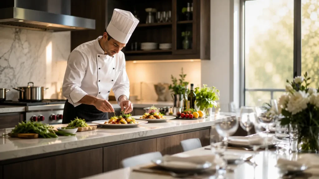 A private chef cooks on-site the day of, which means fresher food but a higher cost, typically $75–$120 per person for a 10-person minimum. A catering company preps off-site and delivers, which is cheaper but means less flexibility for last-minute menu changes. Furthermore, a private chef is the better choice if your kitchen has the space and equipment to host them.