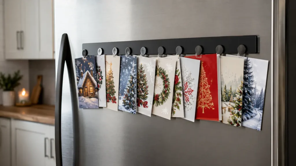 Stick a magnetic strip (like a knife strip, $10–$15) along the side of the fridge and let cards hang from small round magnets. A 12-inch strip holds 10–12 cards without a single piece of tape.This is the fastest setup on this list — under 5 minutes — and works well in apartments or rentals where you can't put holes in walls.