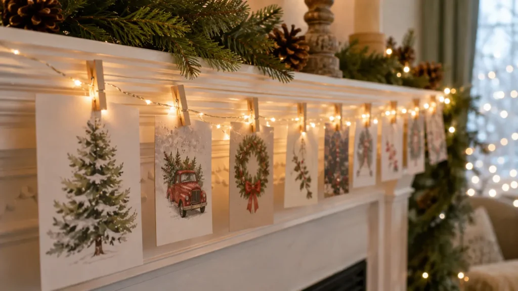 Buy warm white mini string lights with built-in wooden clip attachments ($15–$20 for 20 feet), sold at most craft stores in November. Drape across a mantel or window and clip a card to each light. Twenty feet holds about 30 cards.
