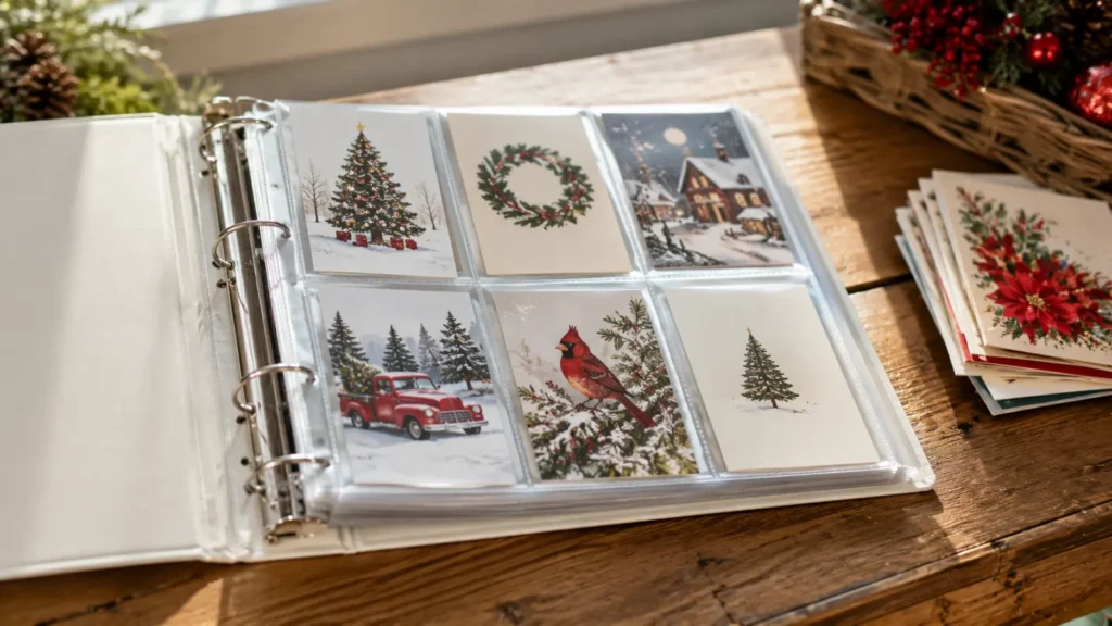 Slide cards into plastic photo-sleeve pages inside a 3-ring binder ($8–$12), one or two cards per pocket. A standard binder holds 40–60 cards and stores flat on a shelf year-round.