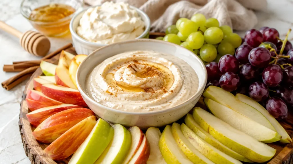 A honey-cinnamon yogurt dip takes 5 minutes and costs about $4, and it pairs well with apples, pears, and grapes. Meanwhile, a marshmallow fluff and cream cheese dip is the crowd favorite for kids' tables.