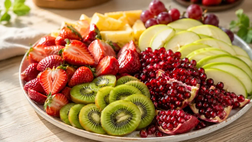Strawberries with kiwi, or pomegranate with green apple, are the two combinations that photograph best and disappear fastest at parties. As a result, keep these two pairings front and center on the platter.