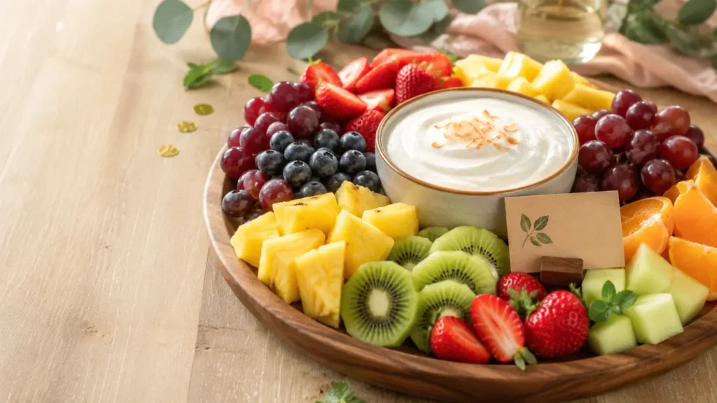 Skip tree nuts and use a dairy-free coconut yogurt dip if guests have common allergies, since fruit itself is naturally allergen-friendly. Label any dip clearly on a small card so guests can check ingredients at a glance.