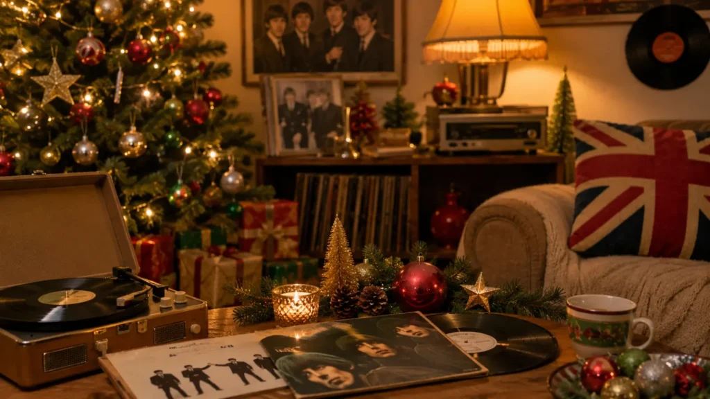 Vintage decorations capture the era when Beatlemania changed music forever. Mix classic Christmas ornaments with retro colors like mustard yellow, olive green, cream, and deep red.