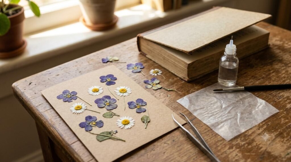 Press violets or small daisies flat for 5–7 days between book pages, then glue them onto kraft-paper cardstock. Each card costs almost nothing beyond $2 for adhesive and glassine paper, and no two ever look alike.