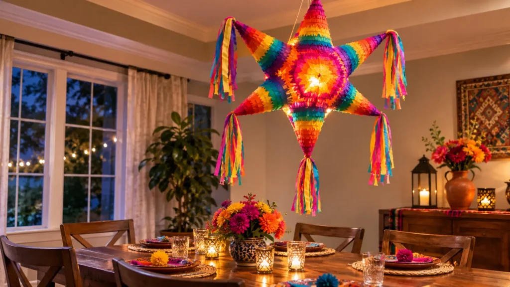 A traditional seven-point estrella piñata, hung unfilled as a chandelier-style centerpiece over a dining table, costs $30–$40 for a 24-inch size. It works especially well in a dining room with 8-foot or higher ceilings. Add a single strand of lights inside for a soft glow effect.