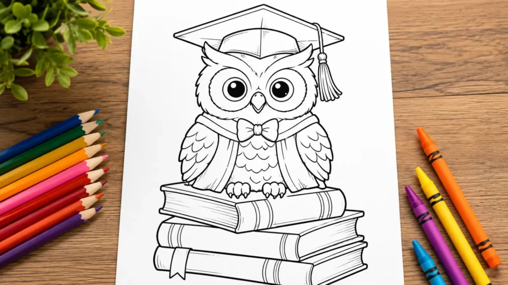 Owls are the unofficial mascot of graduation, symbolizing wisdom, and this design is consistently one of the most-searched graduation coloring themes for ages 4–8. Add a stack of books beneath the owl for extra detail. It's a safe, universally likable pick for preschool classrooms