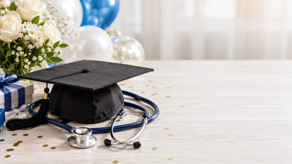 For nursing school and medical program graduates, a design featuring a cap layered over a stethoscope resonates far more than a generic gown illustration. It's a smart niche pick for smaller, adult-focused graduation parties. Add a "Congrats, Nurse Grad!" banner line at the top for extra personalization.