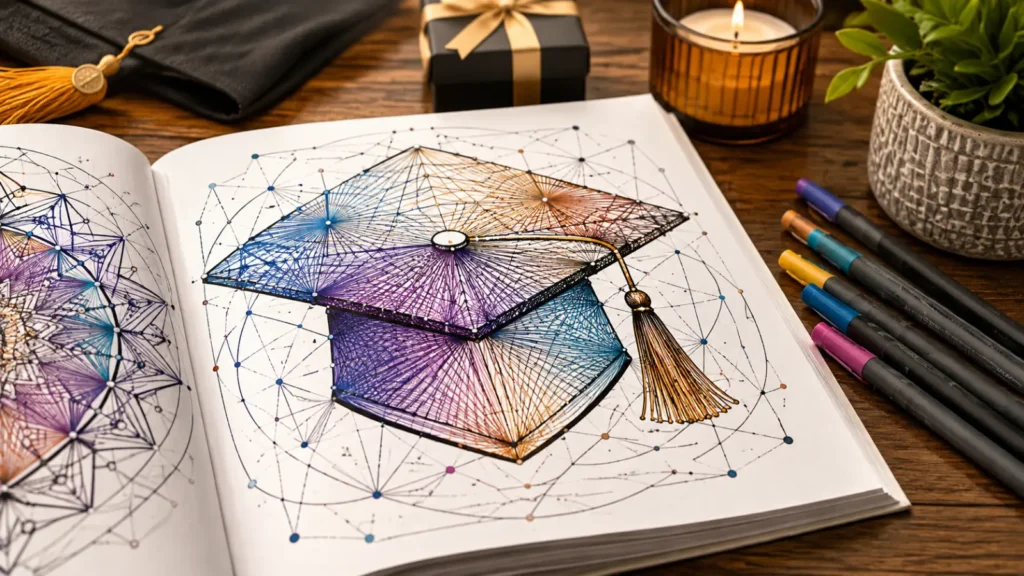 A geometric, string-art-style cap design introduces older teens and adults to a more sophisticated line pattern than typical kids' pages. It typically takes 30+ minutes with fine markers. This is a strong pick for a graduation-themed adult coloring book gift.