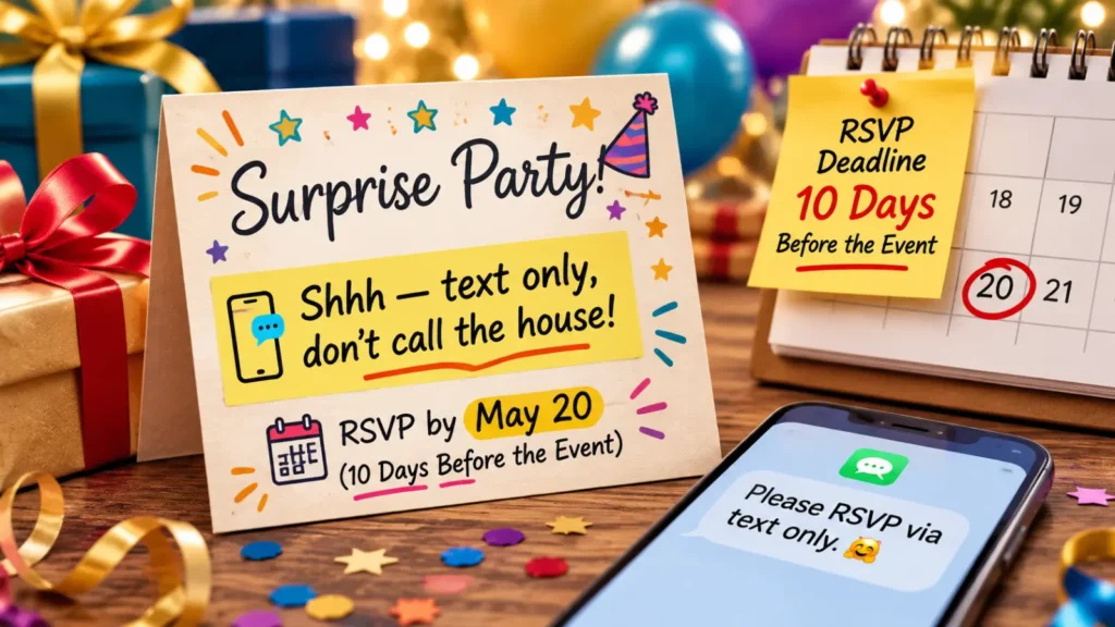 Surprise invites need a coded RSVP line, such as "Shhh — text only, don't call the house!" Set the RSVP deadline 10 days before the event so the host has time to finalize headcount and catering.