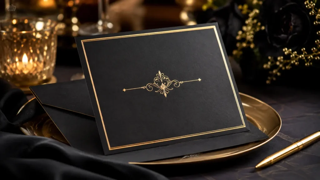 For a formal evening event, black cardstock with gold foil script reads as upscale without needing an expensive venue. Expect $3–$6 per card for genuine foil stamping versus $1–$2 for a foil-look digital print.