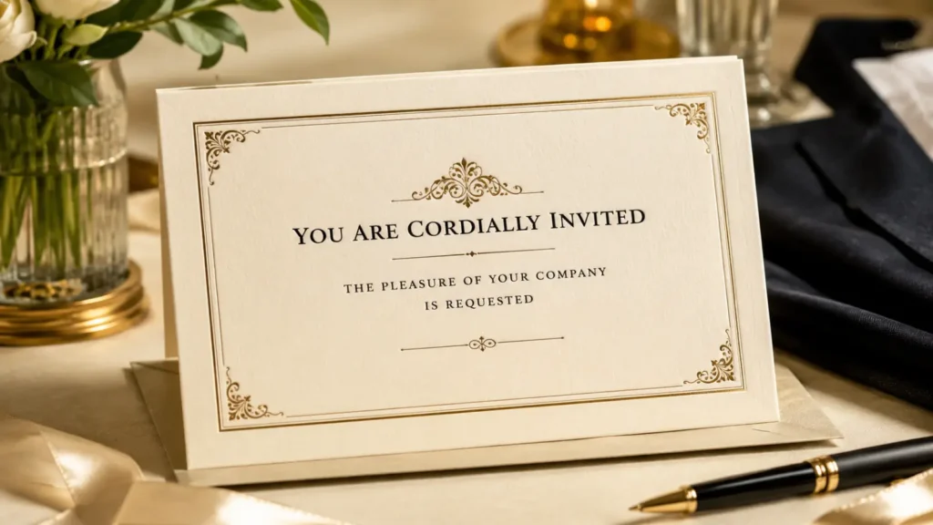 Cream cardstock, a classic border, and formal wording ("The pleasure of your company is requested") suit a 30-plus-year career milestone. Formal invites also give guests a clear cue that a dress code applies.