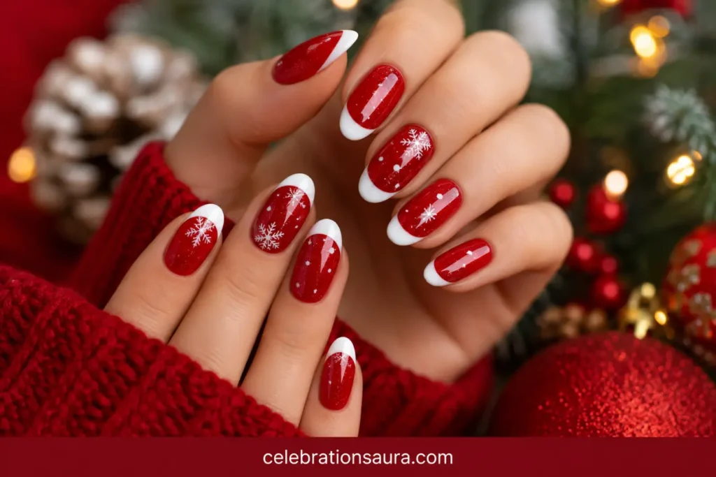 Christmas Red Nails With White Tips