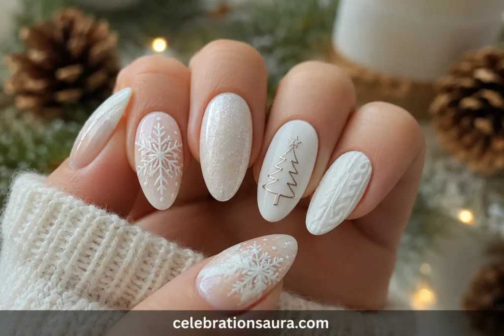 White Almond Christmas Nails 