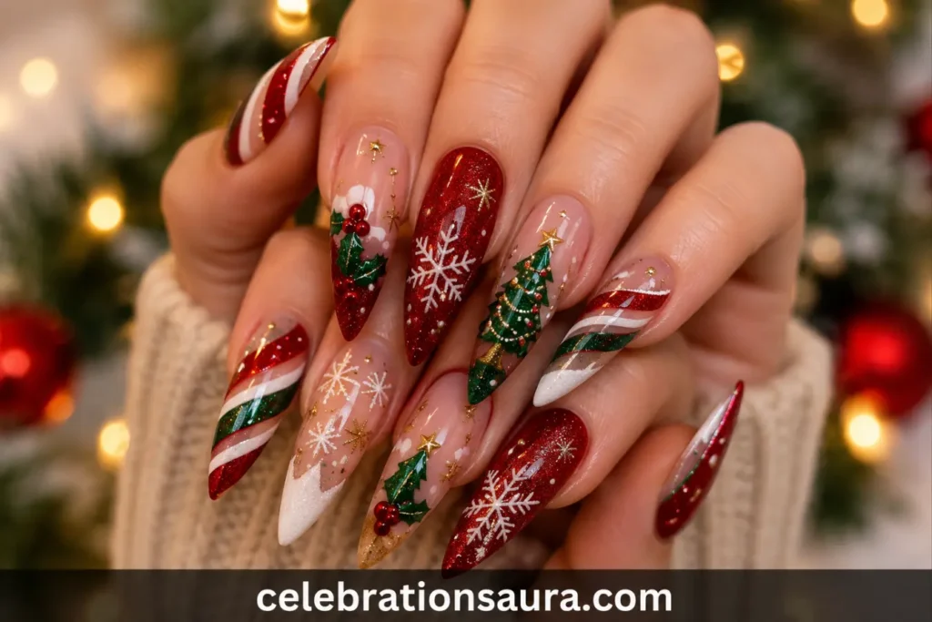 Long Almond Christmas Nails