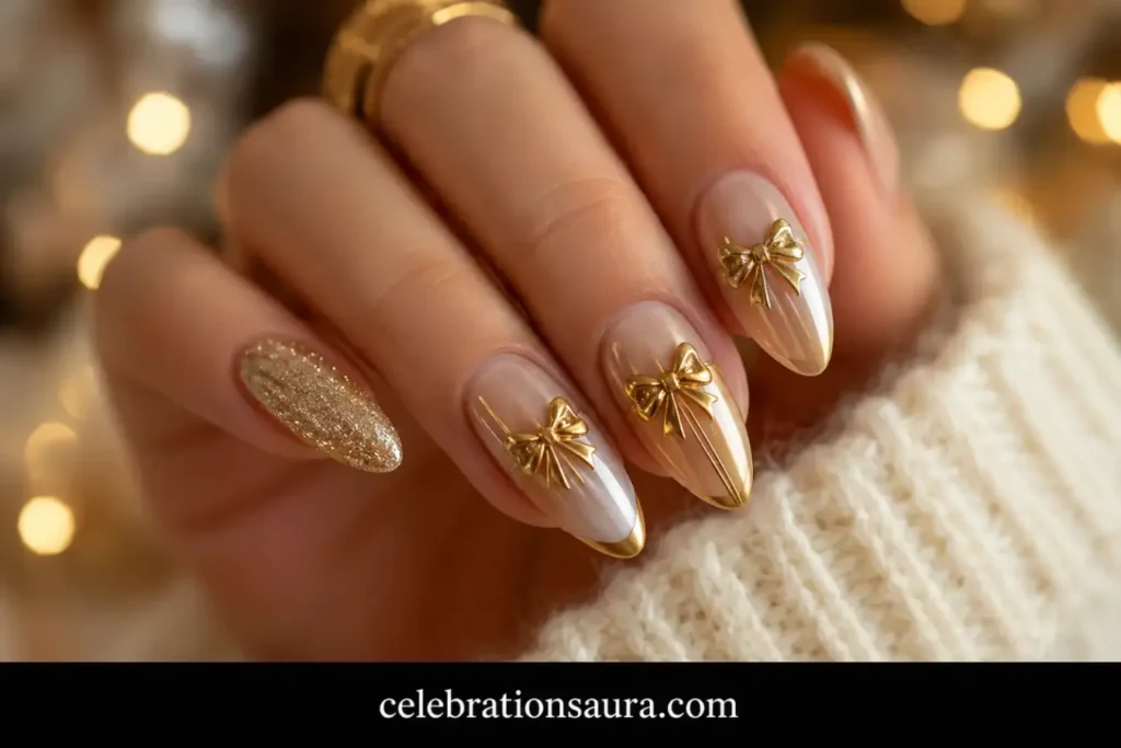 Gold Bow Almond Nails 