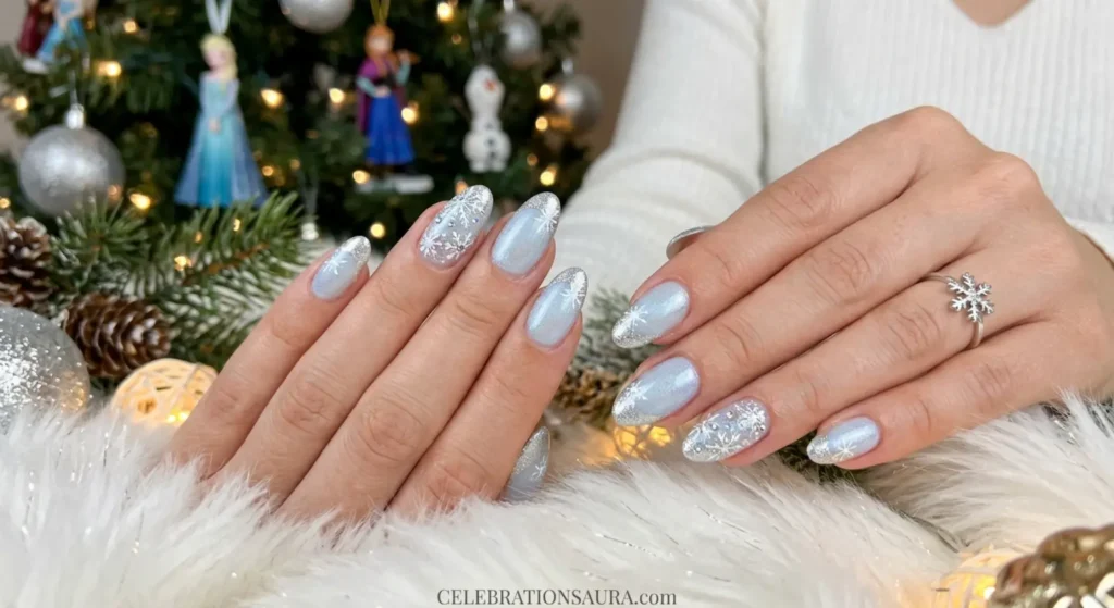Classy Disney Christmas Nails: Frozen Snowflake French Tips