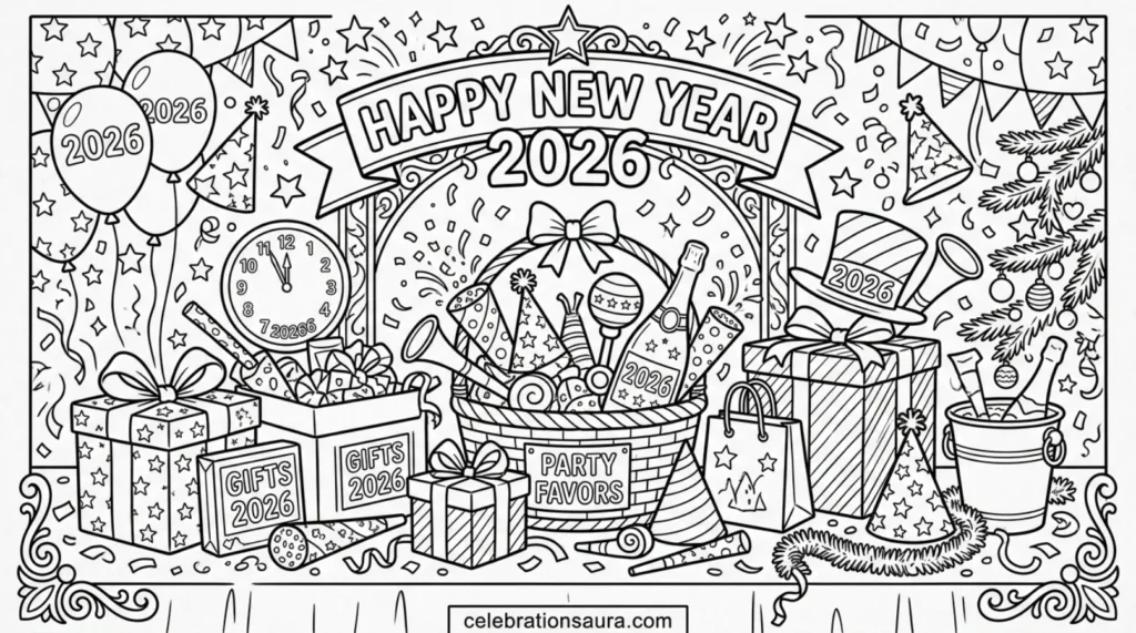 New Year Gifts and Party Favors Coloring Page