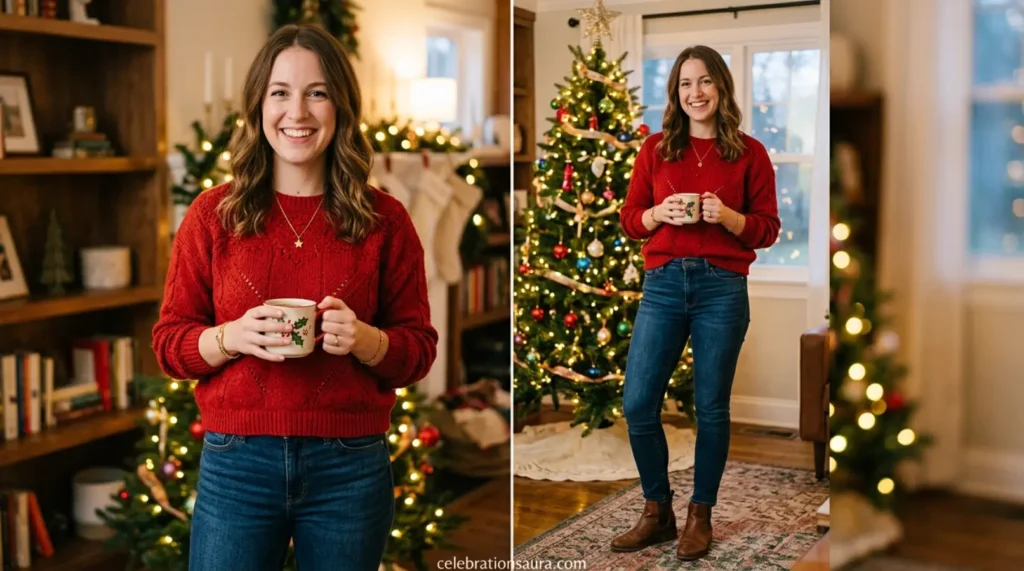 Red Sweater With Dark Jeans for a Casual Christmas Outfit