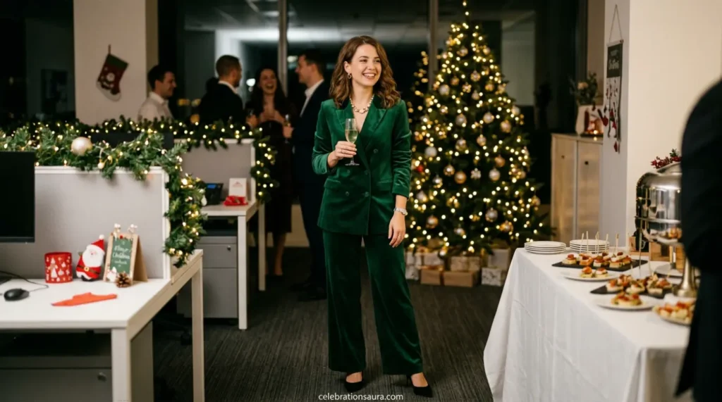 Velvet Pantsuit for an Office Christmas Party