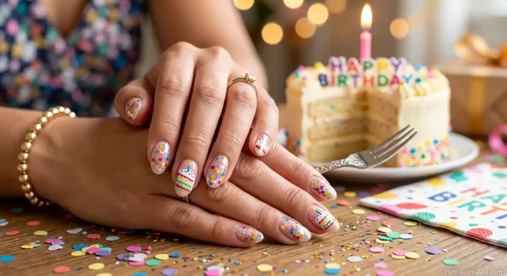 Birthday Cake and Confetti Motif Nails