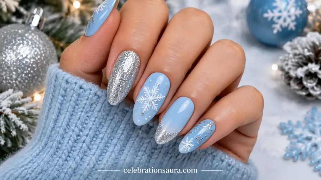 Silver and Light Blue Christmas Nails