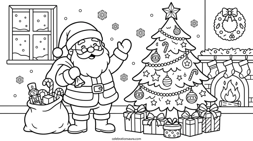 Santa and Christmas Tree Coloring Page 